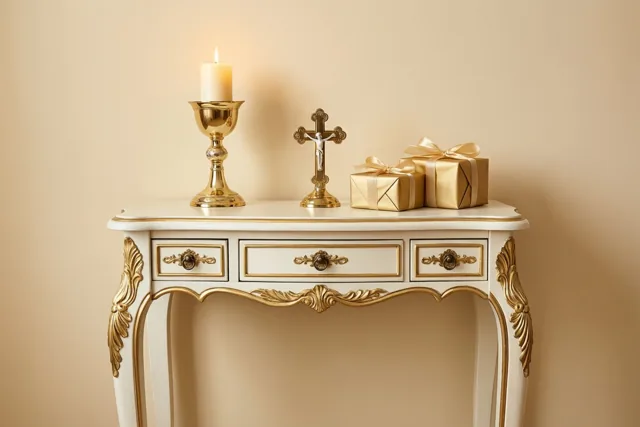 Een sierlijke witte en gouden kast draagt een brandende communiekaars in een gouden houder, een klein crucifix en twee goudkleurig ingepakte cadeaus tegen een beige muur.
