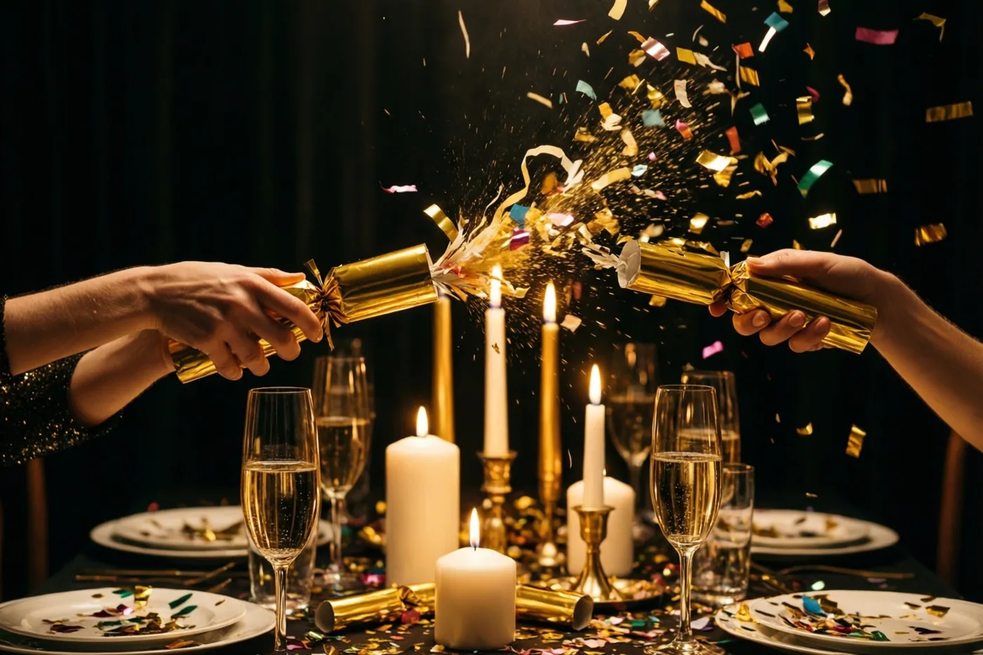 Twee handen trekken een gouden feestcracker uit elkaar boven een feesttafel met champagneglazen, brandende kaarsen en borden, terwijl kleurrijke confetti eruit springt.