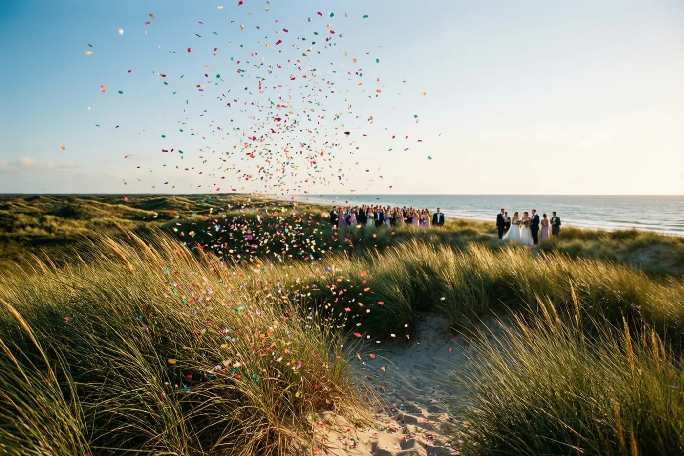 Confetti dwarrelt boven goudkleurige duinen met helmgras, terwijl bruiloftsgasten in de verte bij de zee staan onder een helderblauwe hemel.