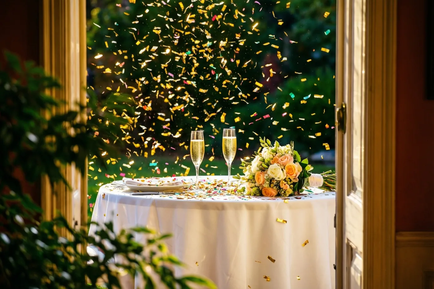 Door een open deuropening zijn twee champagneglazen en een bruidsboeket op een wit tafellaken te zien, met vallende gouden confetti en groen buiten.