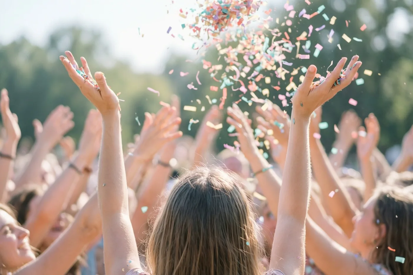 Een menigte is van achteren te zien terwijl mensen kleurrijke confetti met opgeheven handen de lucht in gooien op een zonnige dag.