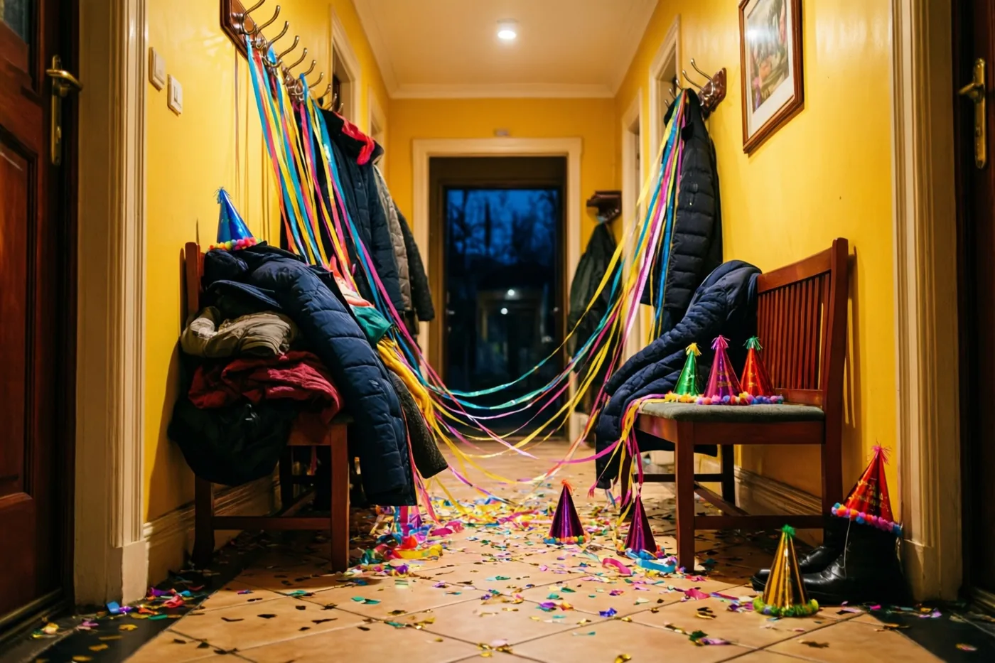 Een warm verlichte gang bevat jassen aan haken, feesthoedjes op houten banken en kleurrijke slingers en confetti op de tegelvloer.