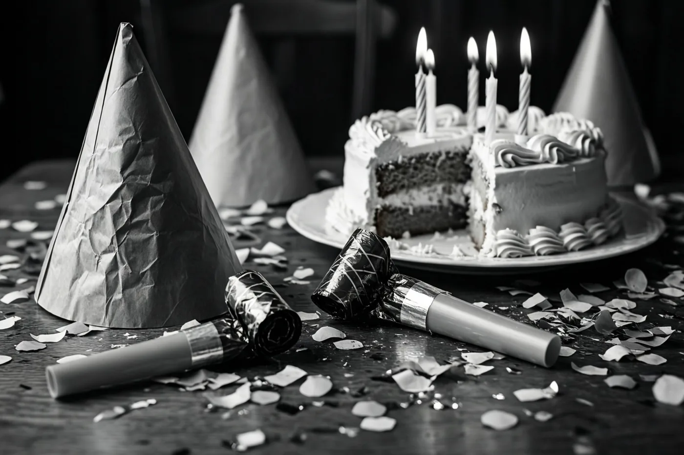 Op een zwart-witfoto liggen feesttoeters, verfrommelde papieren hoedjes en confetti op een tafel, met achteraan een half opgegeten taart met brandende kaarsjes op een bord.