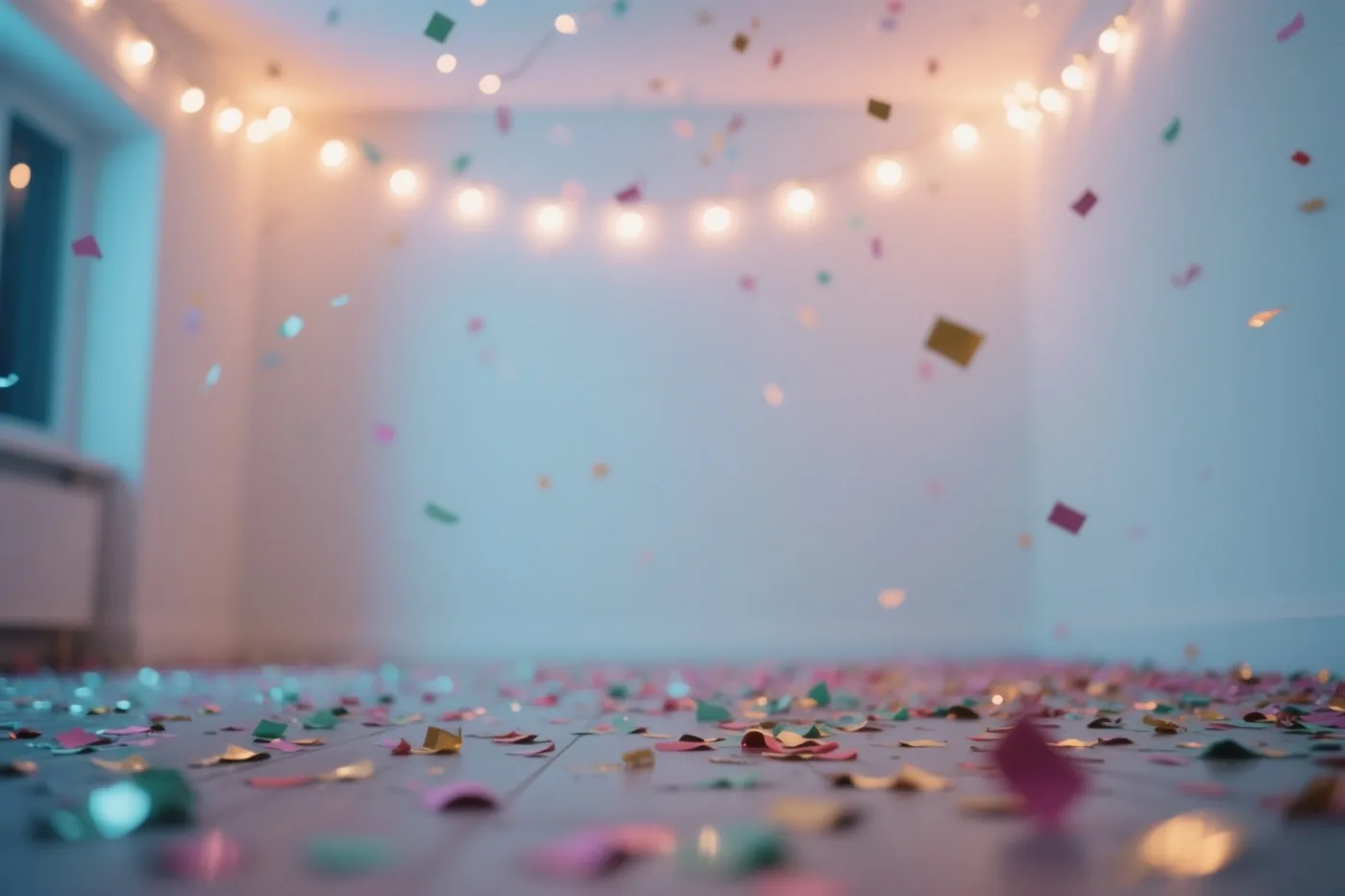Van laag bij de vloer is een kamer te zien met verspreide confetti en lichtslingers aan het plafond, in zacht roze, blauw en goudkleurig licht.