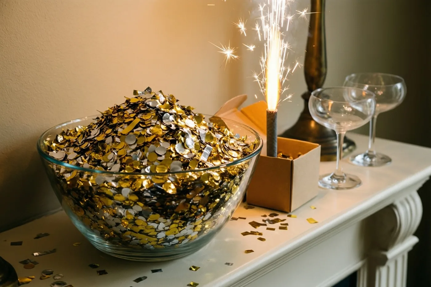Een glazen schaal vol gouden en zilveren confetti staat op een witte schoorsteenmantel naast een brandend sterretje in een kartonnen doos en twee lege champagnecoupes.