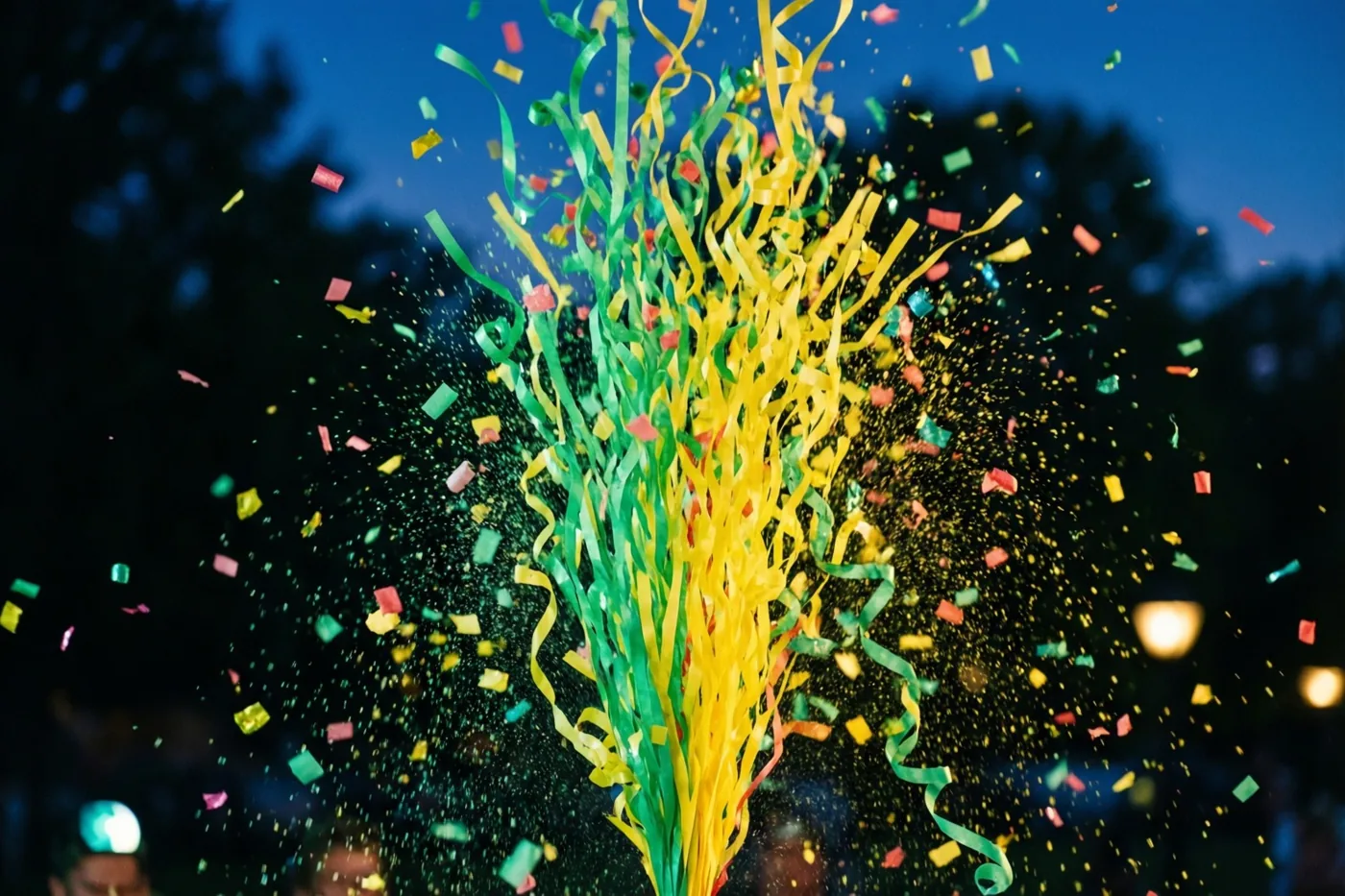 Gele, groene en rode slingers en confetti schieten uit een confettikanon tegen een donkere nachthemel.