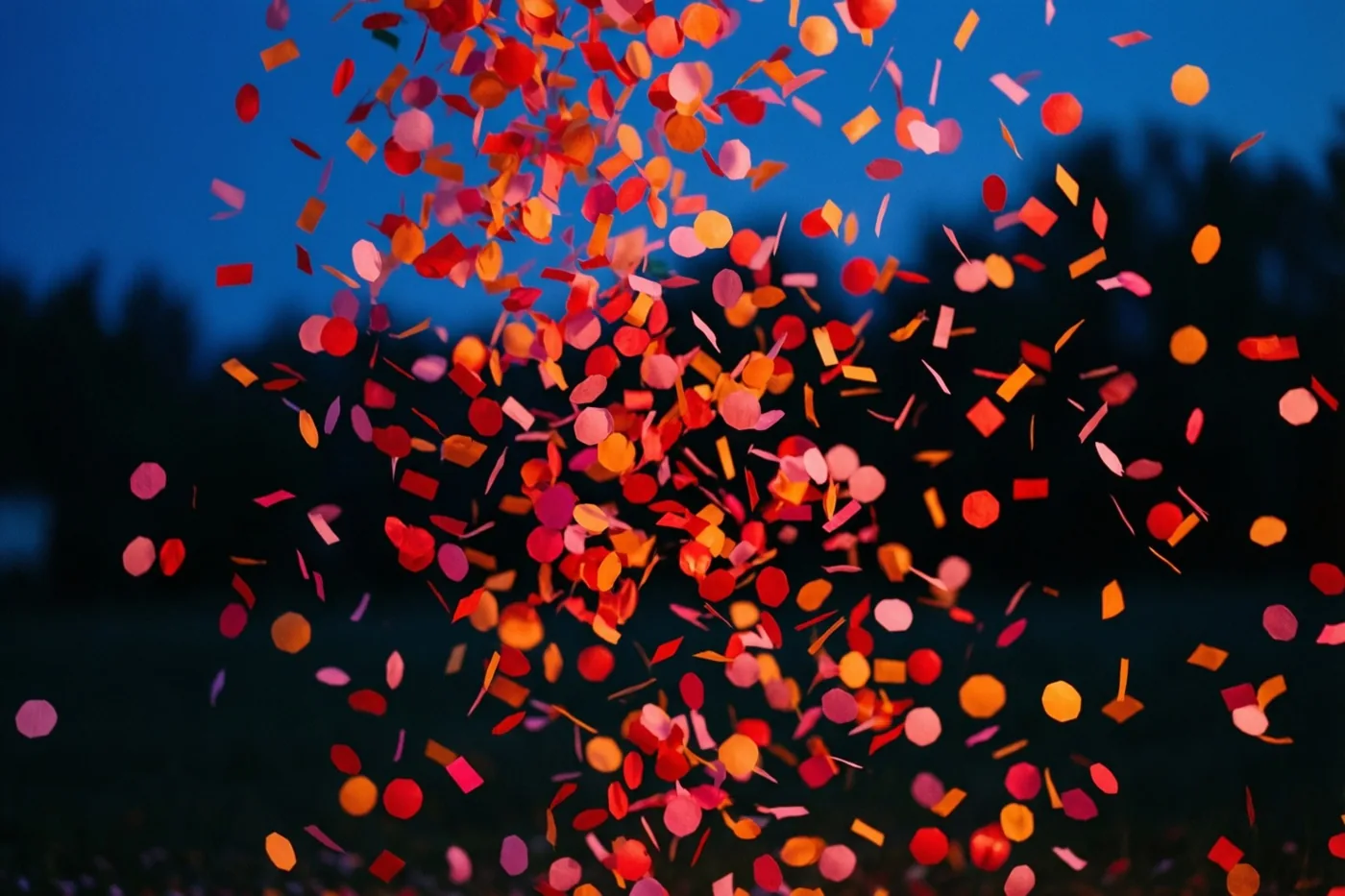 Rode, oranje en roze papieren confetti valt tegen een donkerblauwe schemerlucht.