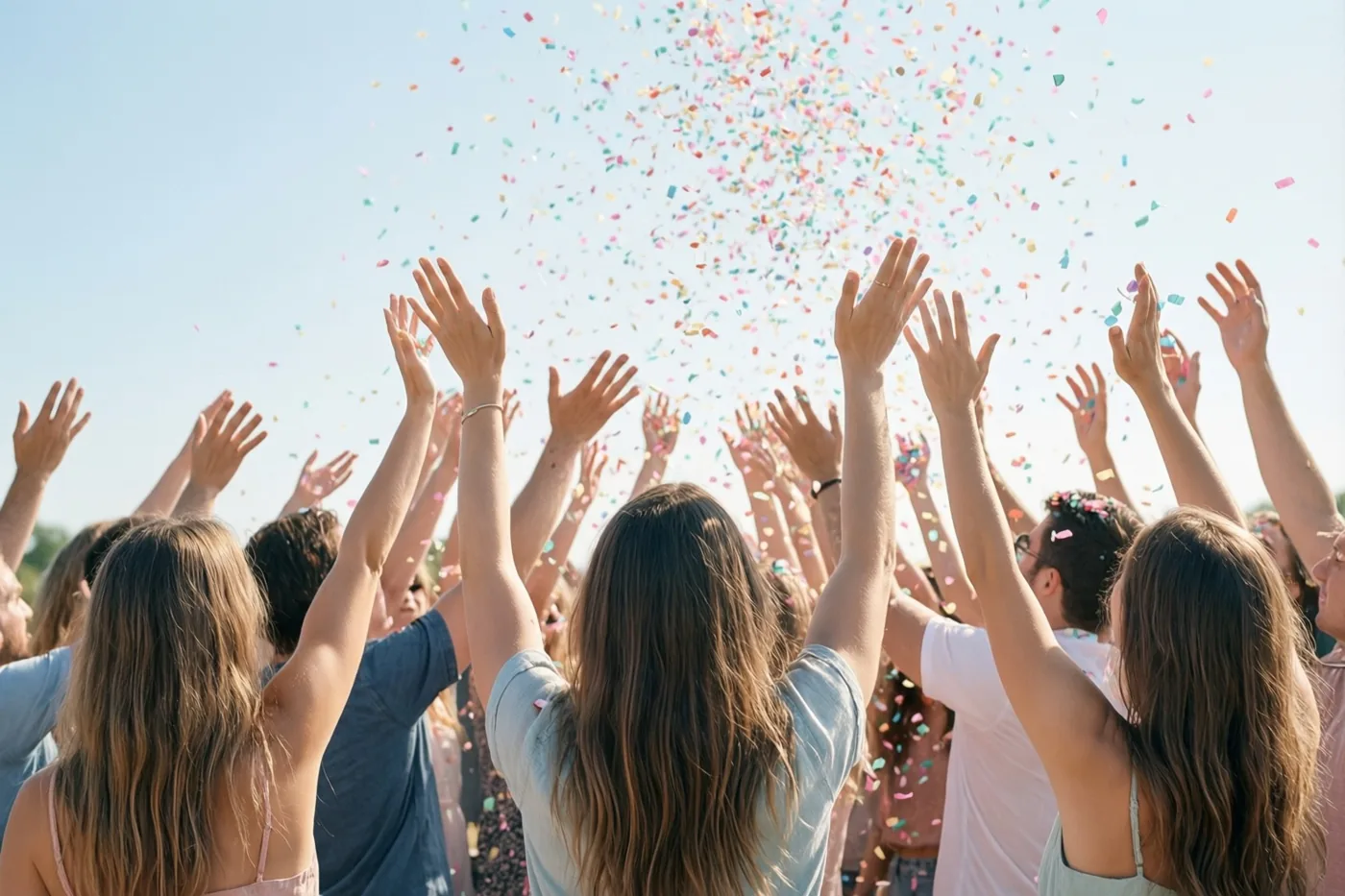 Een menigte steekt van achteren gezien de handen op om kleurrijke confetti te vangen onder een helderblauwe hemel.