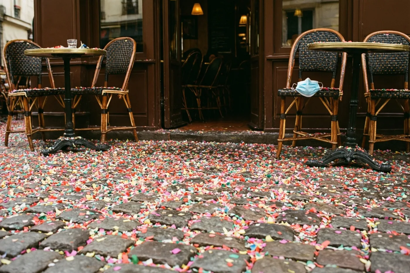Voor een bruin café liggen kleurrijke confettisnippers op de kasseien en ligt een blauw chirurgisch mondmasker op een terrasstoel.