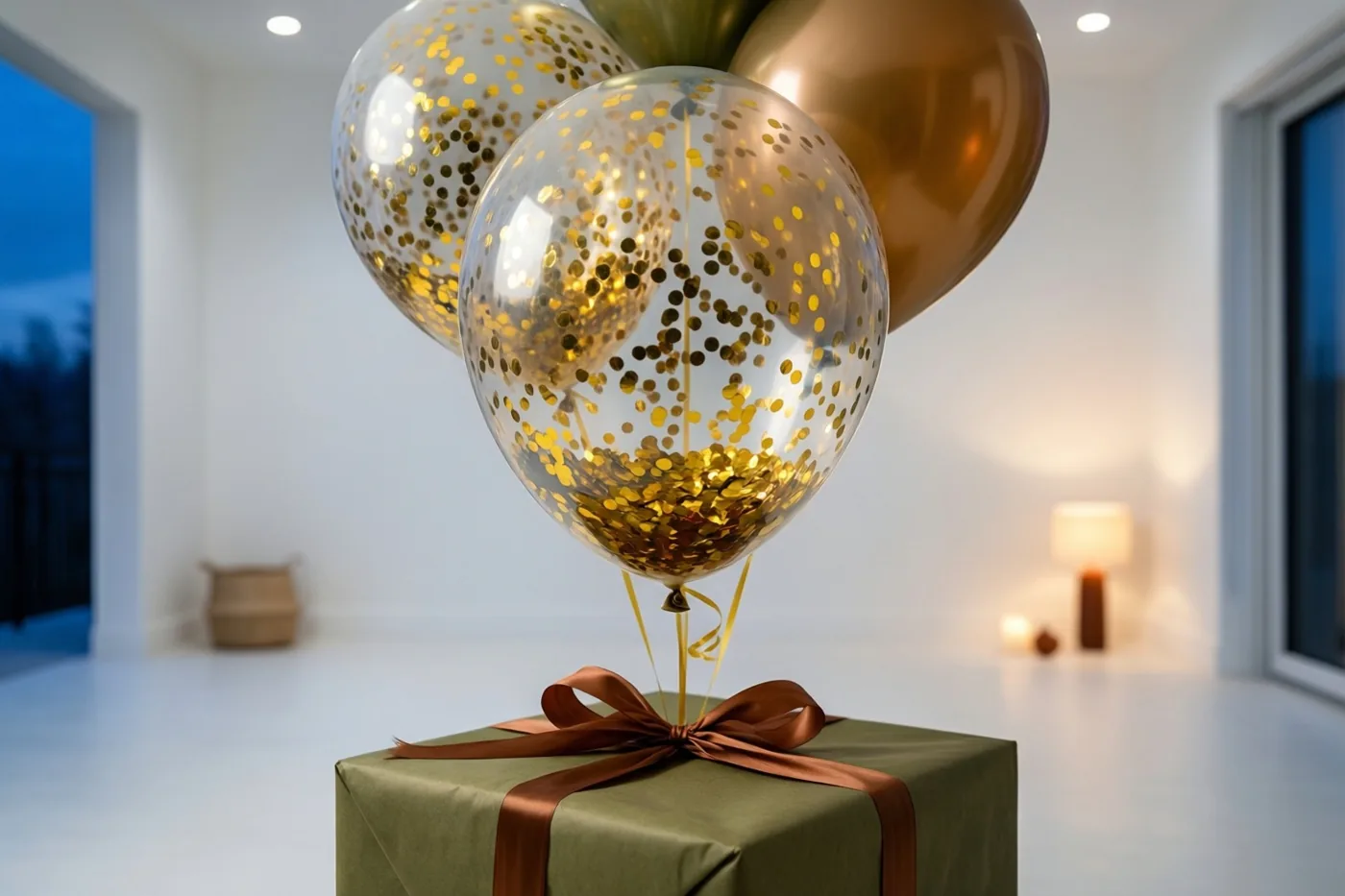 Doorzichtige ballonnen met gouden confetti zweven boven een ingepakt cadeau in een sobere witte kamer met zacht licht en gouden en bruine tinten.