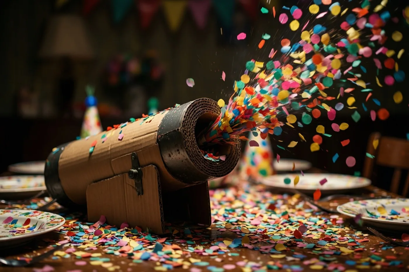 Een oud kartonnen confettikanon schiet kleurrijke papieren confetti over een houten tafel die gedekt is voor een feest in jarenvijftigstijl, met warm licht en feestversiering op de achtergrond.