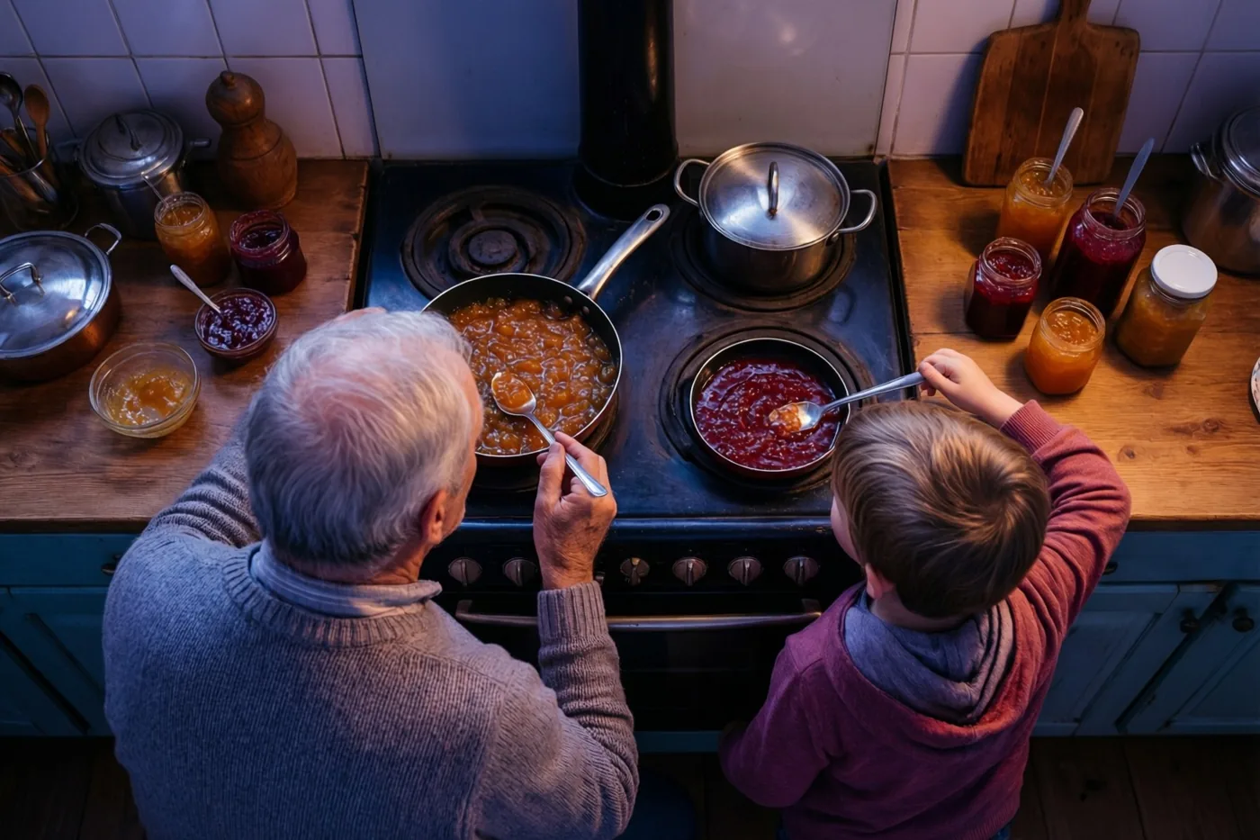 Een oudere man en een jong kind staan met hun rug naar de kijker elk confituur te roeren en te proeven uit een eigen pan op een oud fornuis in een keuken met blauwe kasten.