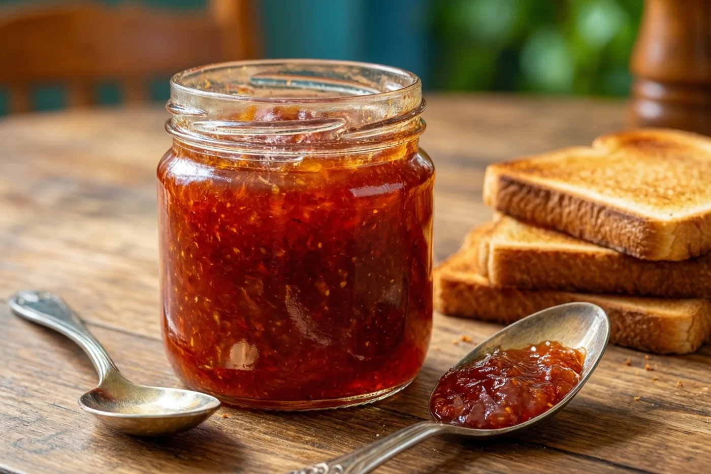 Een glazen pot rode huisgemaakte confituur staat op een houten tafel naast een stapeltje geroosterd brood en twee lepels, waarvan er één een schepje confituur bevat.
