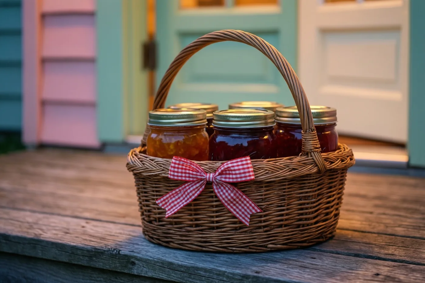 Een rieten mand met glazen confituurpotten en een rood-wit geruite strik staat op een verweerde houten drempel voor een huis in pastelkleuren, in warm goudkleurig licht.