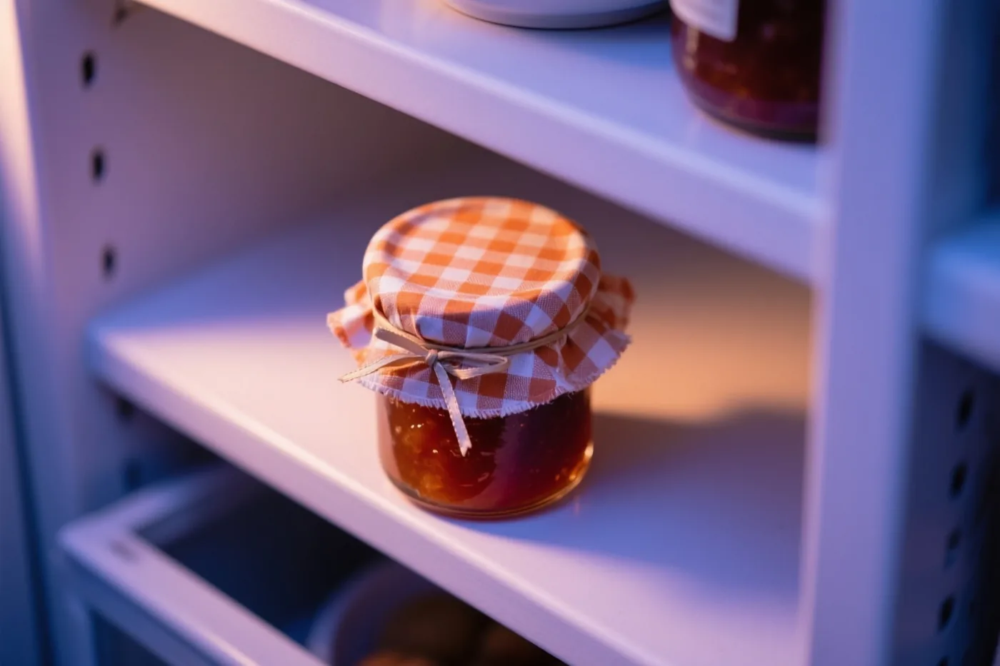 Een glazen potje zelfgemaakte confituur met een geruit stoffen dekseltje en een lint staat op een witte voorraadplank in zacht warm licht met oranje, witte en paarse tinten.