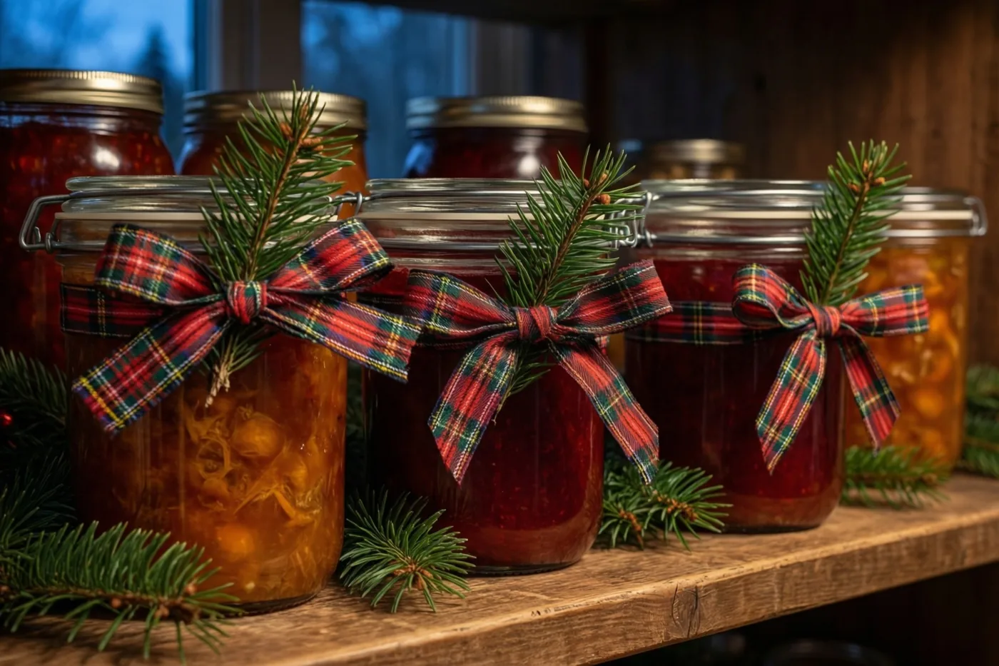 Glazen potten met zelfgemaakte confituur, geruite linten en dennentakjes staan op een houten voorraadplank, met warm licht, een houten achtergrond en een koelblauw uitzicht door het raam.
