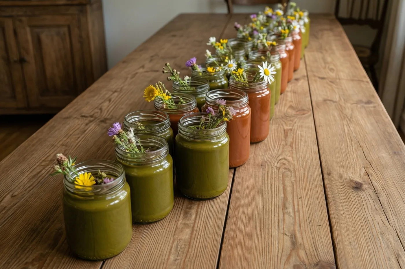 Een rij glazen potten met groene en oranje conserven en veldbloemen staat op een lange rustieke houten tafel in warm daglicht.