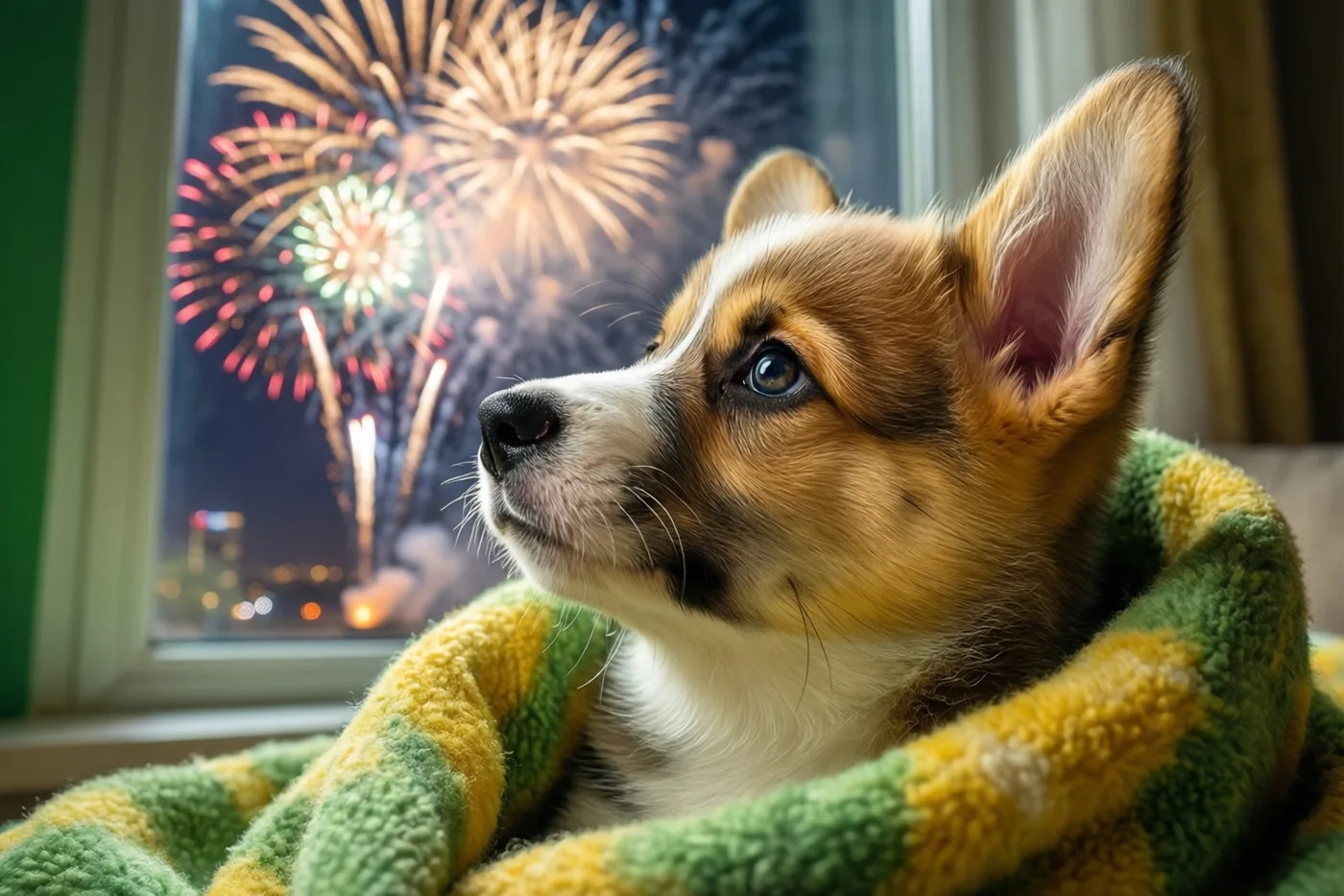 Een corgipuppy in een groen-geel gestreepte deken kijkt door een raam naar kleurrijk vuurwerk in de nachtlucht, in een warm verlichte omgeving.
