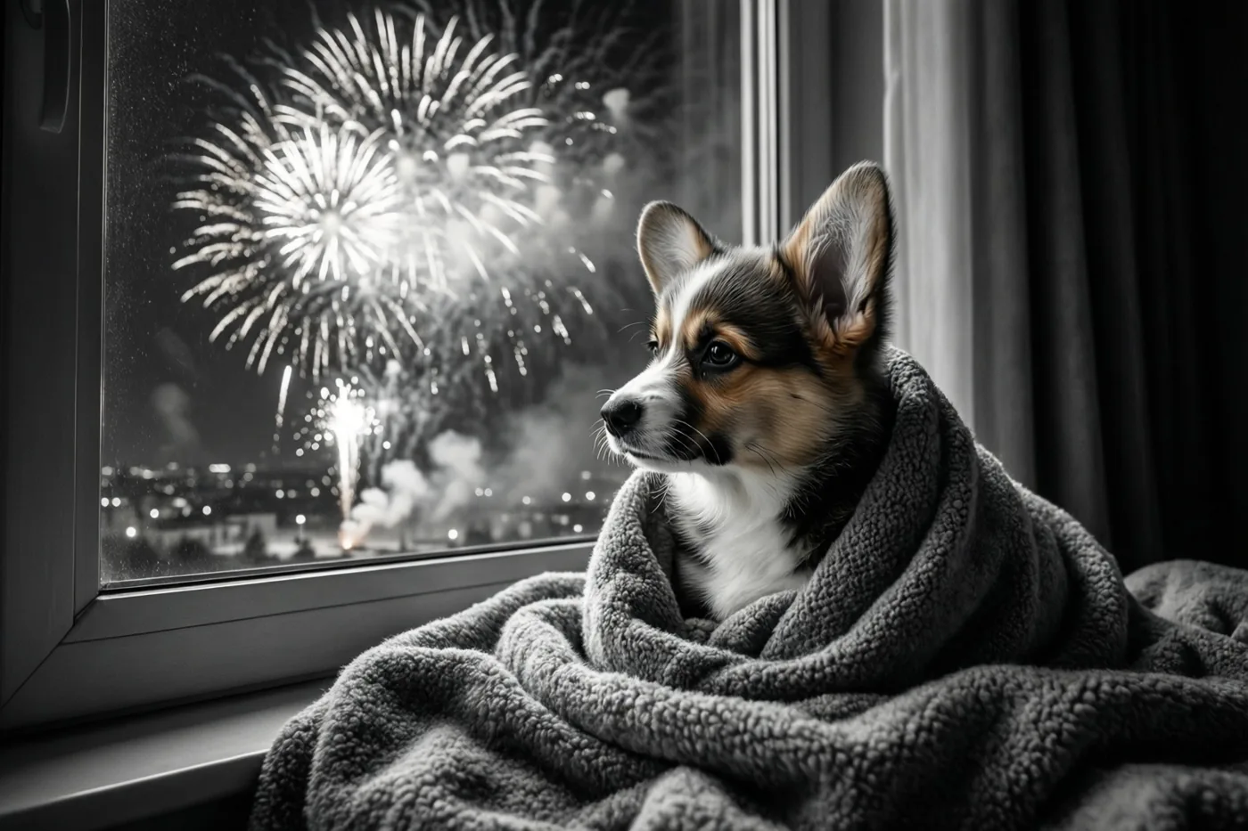 Een corgipuppy zit in een grijze deken op een vensterbank en kijkt naar vuurwerk in de nachtlucht in een monochroom beeld.
