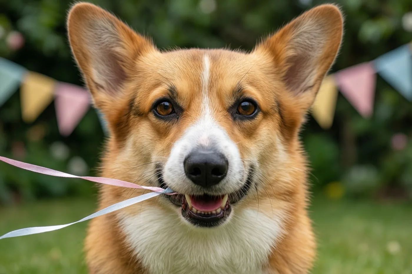 Een lichtbruin-witte corgi kijkt van dichtbij naar de camera met een roze-wit lint in de bek, met een groene tuin en kleurrijke vlaggetjes op de achtergrond.