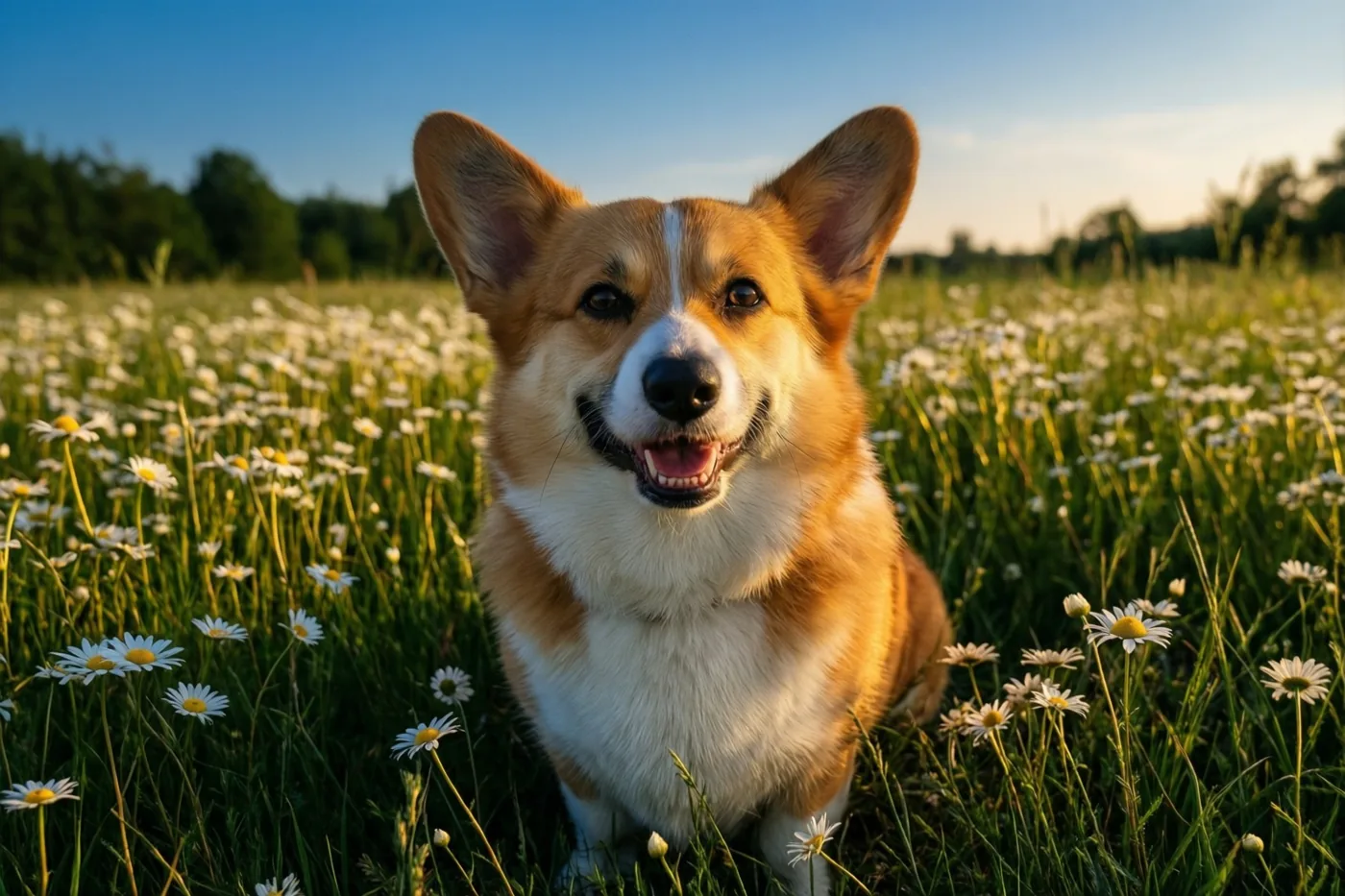 Een lichtbruin-witte corgi zit met open bek in een veld met madeliefjes en kijkt recht naar de camera, onder een helderblauwe hemel op een zonnige dag.