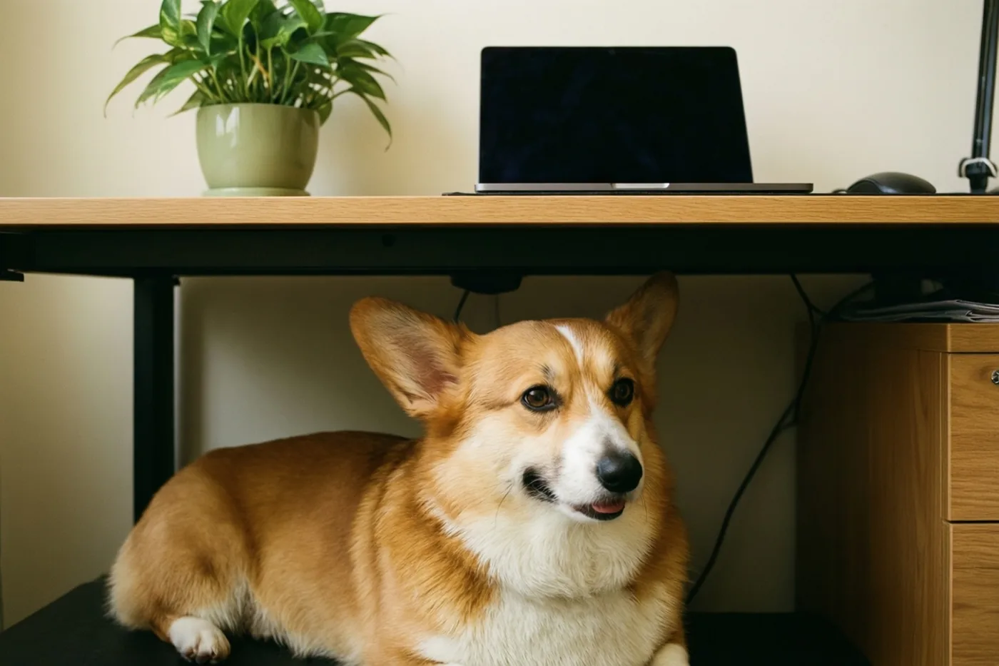 Een corgi ligt onder een houten bureau en kijkt rustig omhoog, met een groene potplant en een dichtgeklapte laptop op het bureau voor een effen muur.