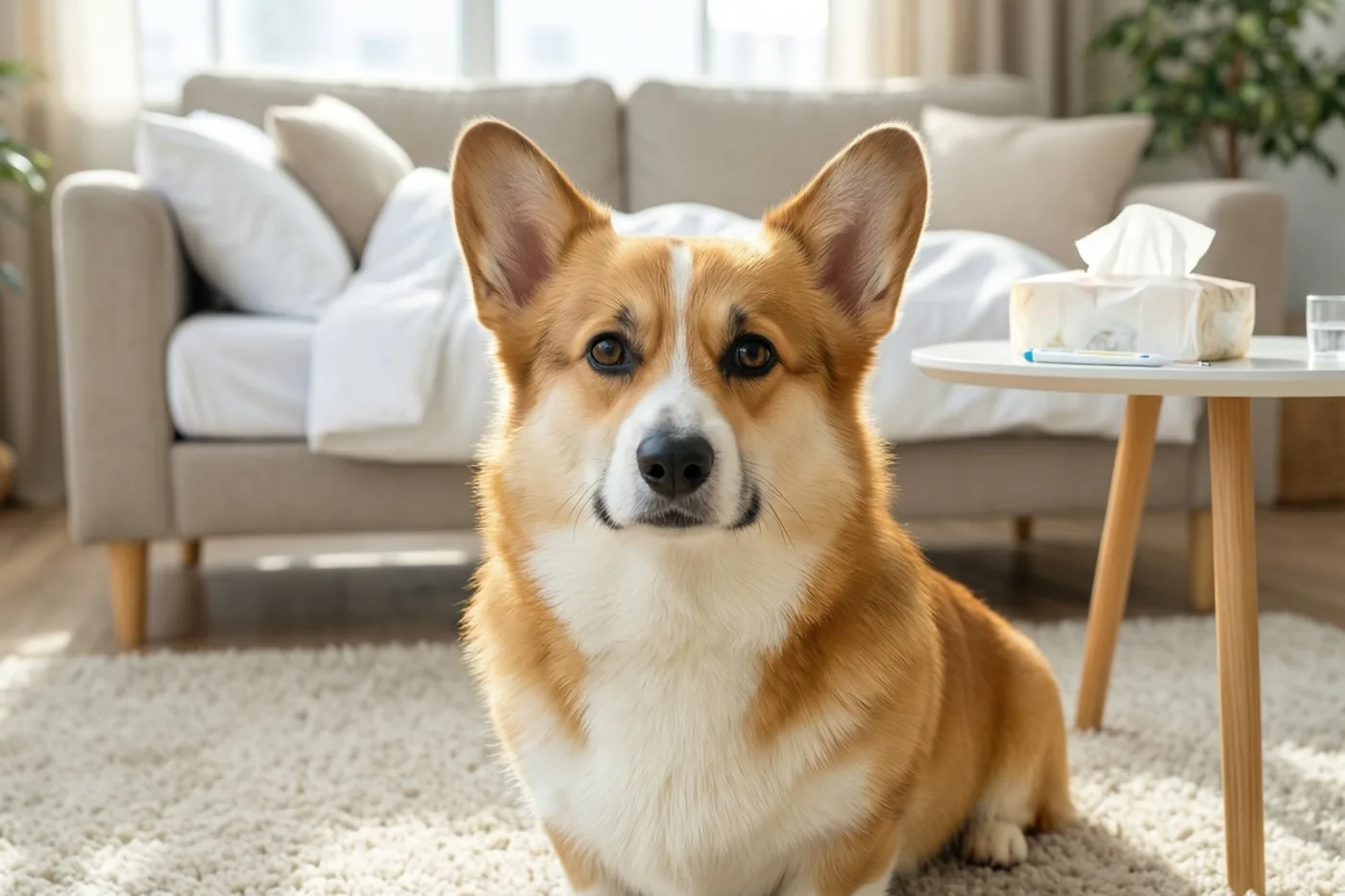 Een corgi zit op een wit tapijt voor een zetel die als ziekbed is ingericht, met een doos zakdoekjes en een thermometer op een bijzettafel in de lichte woonkamer.