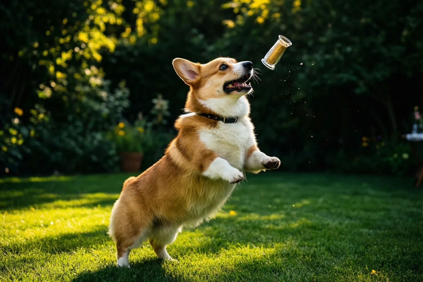 Een corgi springt op een gazon naar een vliegende champagnekurk, met warm zonlicht en groen gebladerte op de achtergrond.