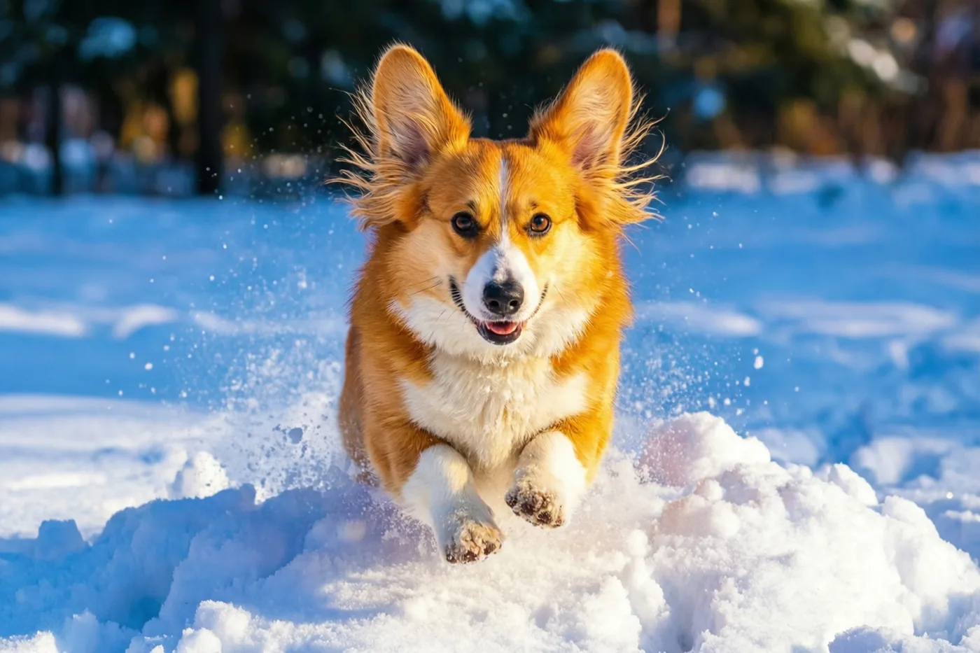 Een corgi met oranjebruine vacht springt met achteruitwaaiende oren in een sneeuwhoop onder een blauwe hemel in fel zonlicht.