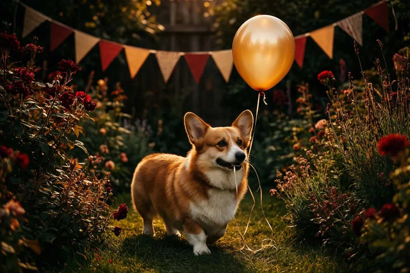 Een corgi staat in een tuin met een gouden ballontouwtje in de bek, omringd door rode rozen en feestelijke vlaggetjes in warm goudkleurig zonlicht.