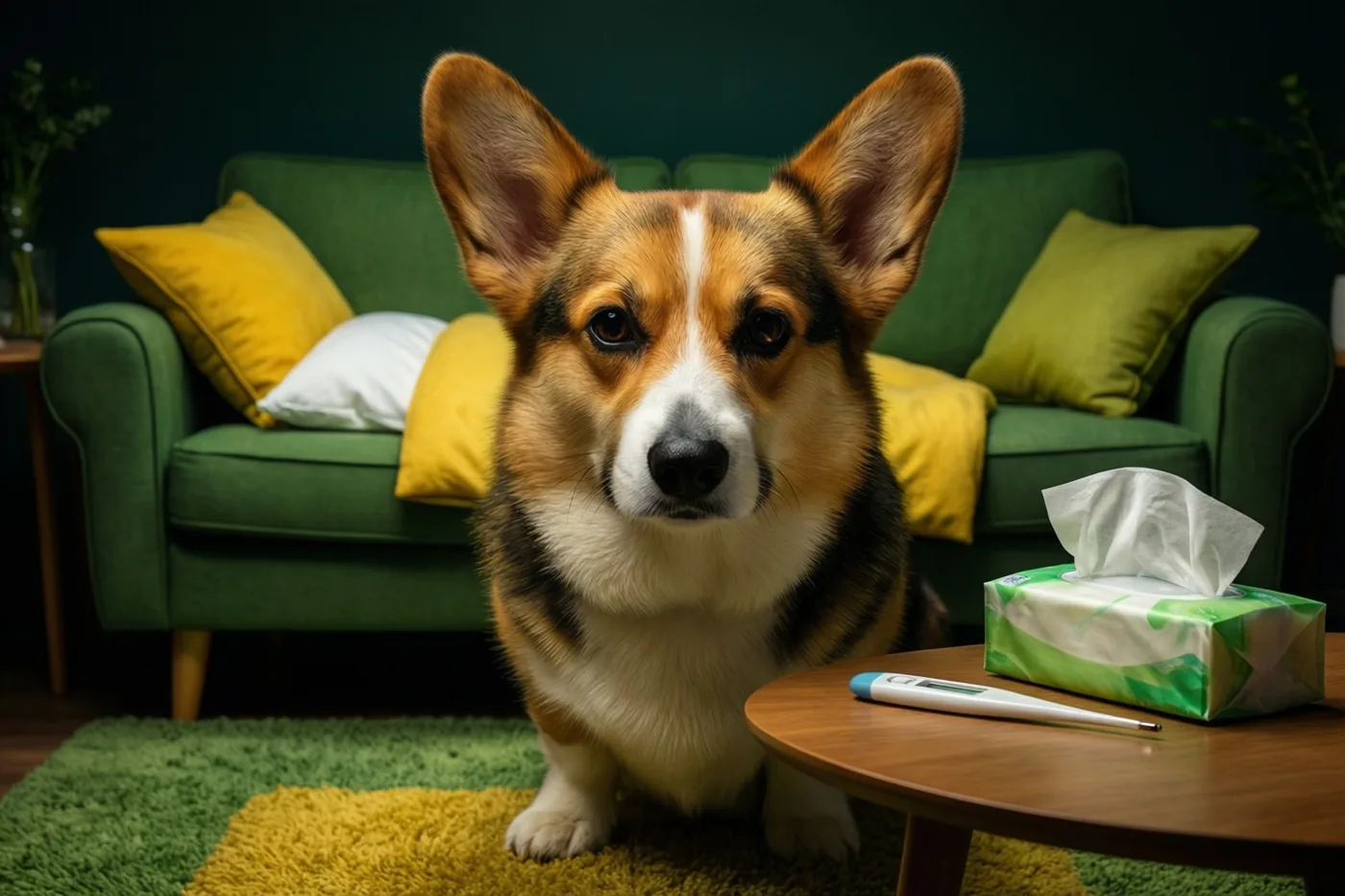 Een corgi zit op een groen-geel tapijt voor een groene zetel met gele en witte kussens, naast een houten tafel met een doos zakdoekjes en een thermometer.