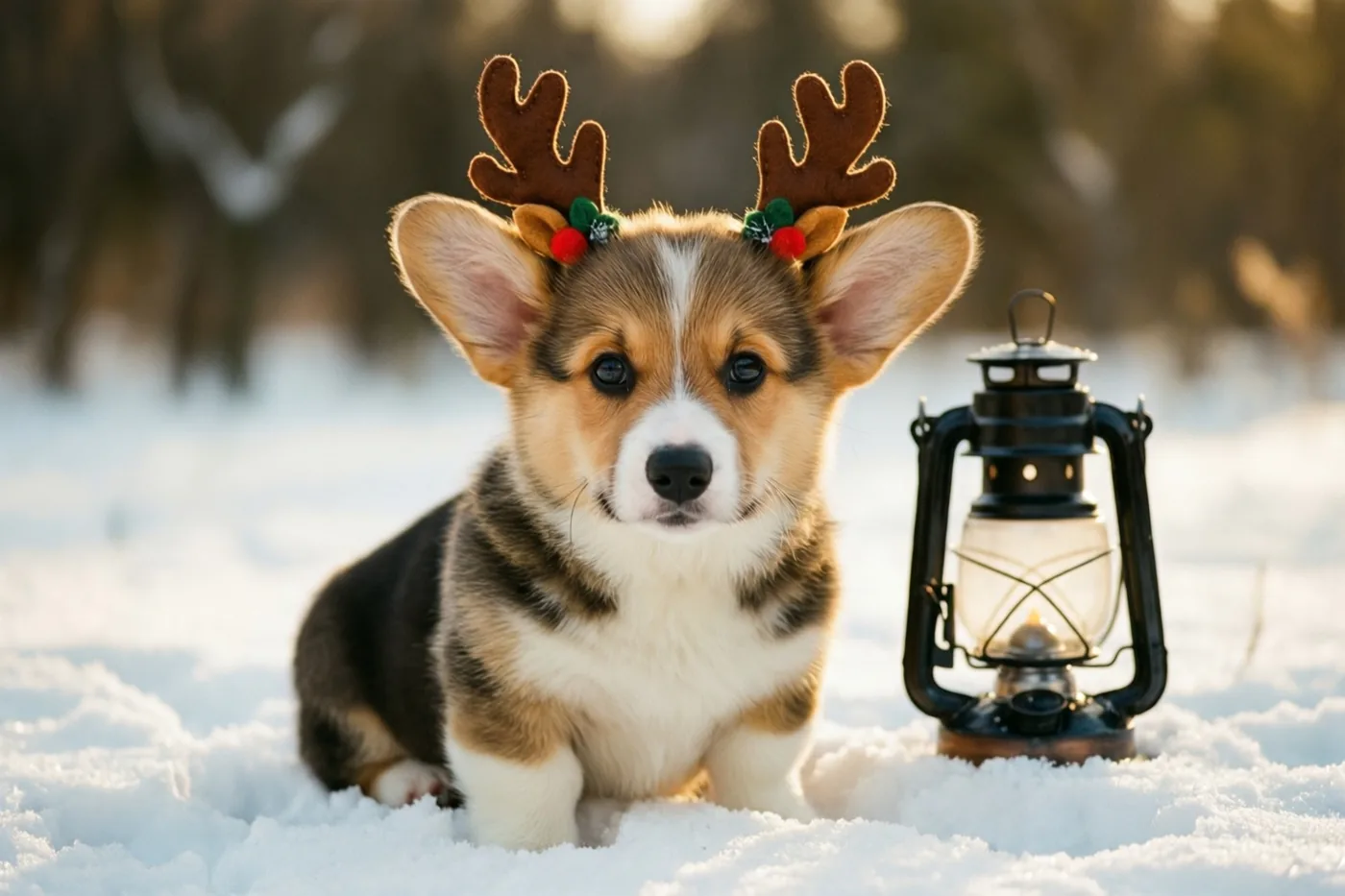 Een corgipup met een klein vilten rendiergewei zit buiten in de sneeuw naast een brandende lantaarn in warm goudkleurig licht.