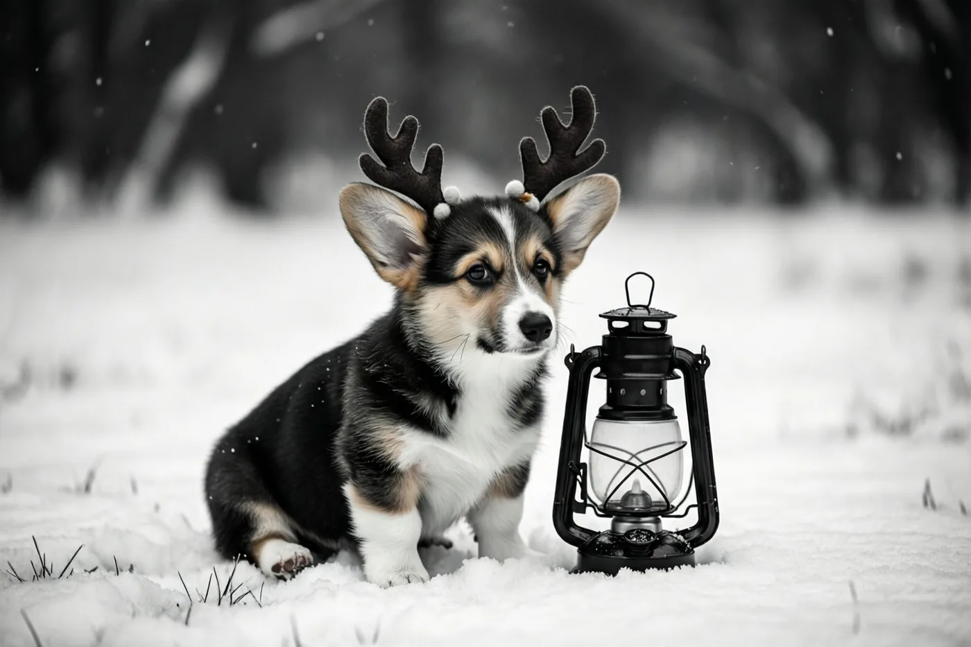 Een corgipup met een klein vilten gewei zit in de sneeuw naast een zwarte lantaarn tegen een onscherpe winterachtergrond.