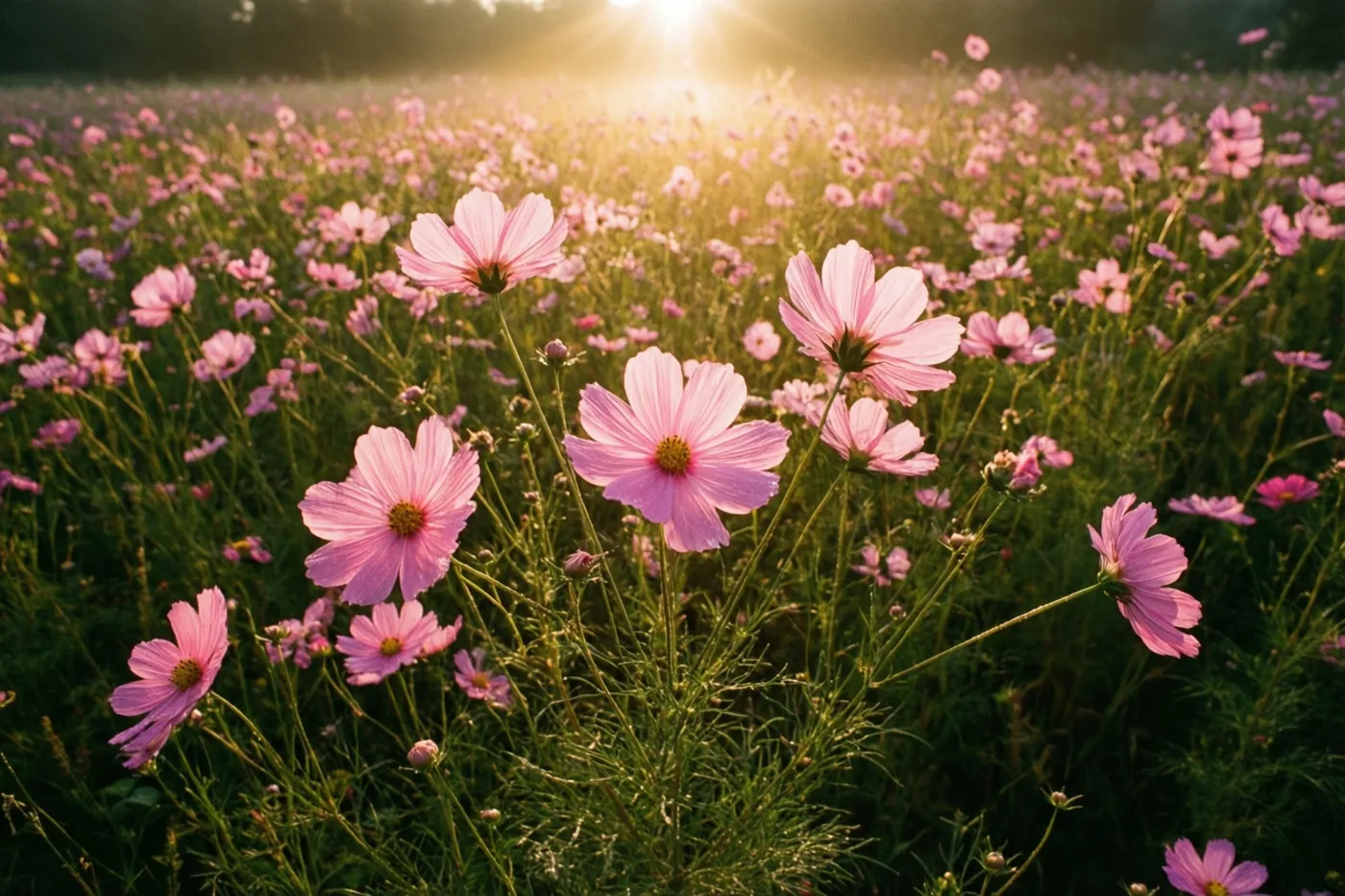 Roze cosmea wiegt in een groene weide onder het goudgele licht van de opkomende zon.