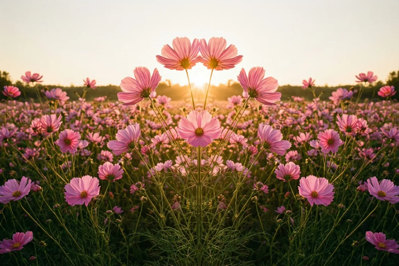 Een veld roze cosmea staat in een weide met een opkomende zon die de bloemen en het groen in een gouden gloed zet.