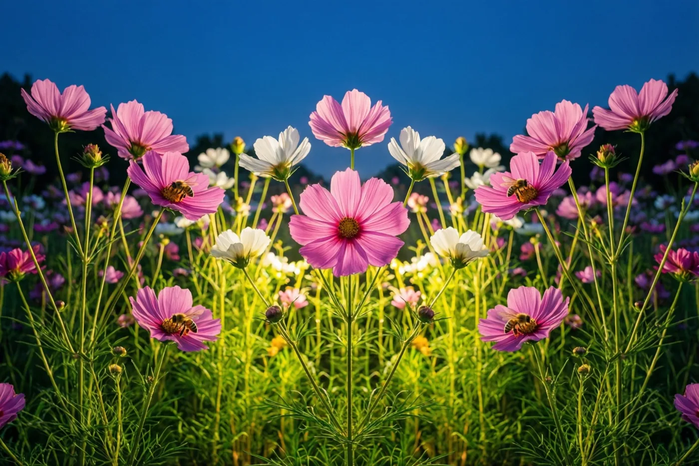 Bijen bezoeken de open bloemen van een zacht wiegend veld roze en witte cosmea onder een diepblauwe lucht.