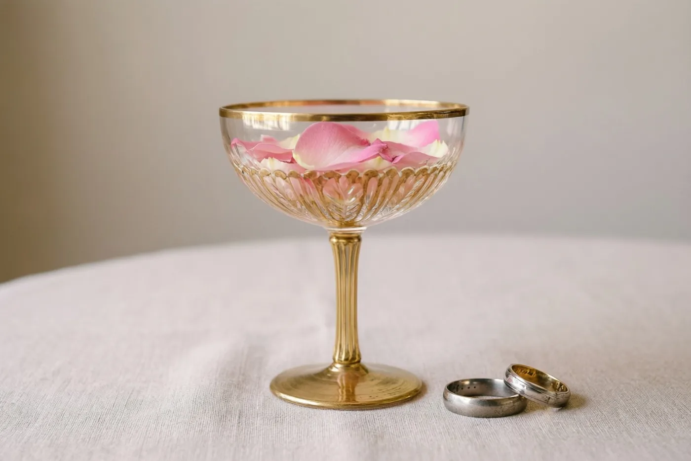Een champagnecoupe met gouden rand en roze en witte rozenblaadjes staat op een wit linnen tafelkleed naast twee oude trouwringen tegen een neutrale achtergrond.