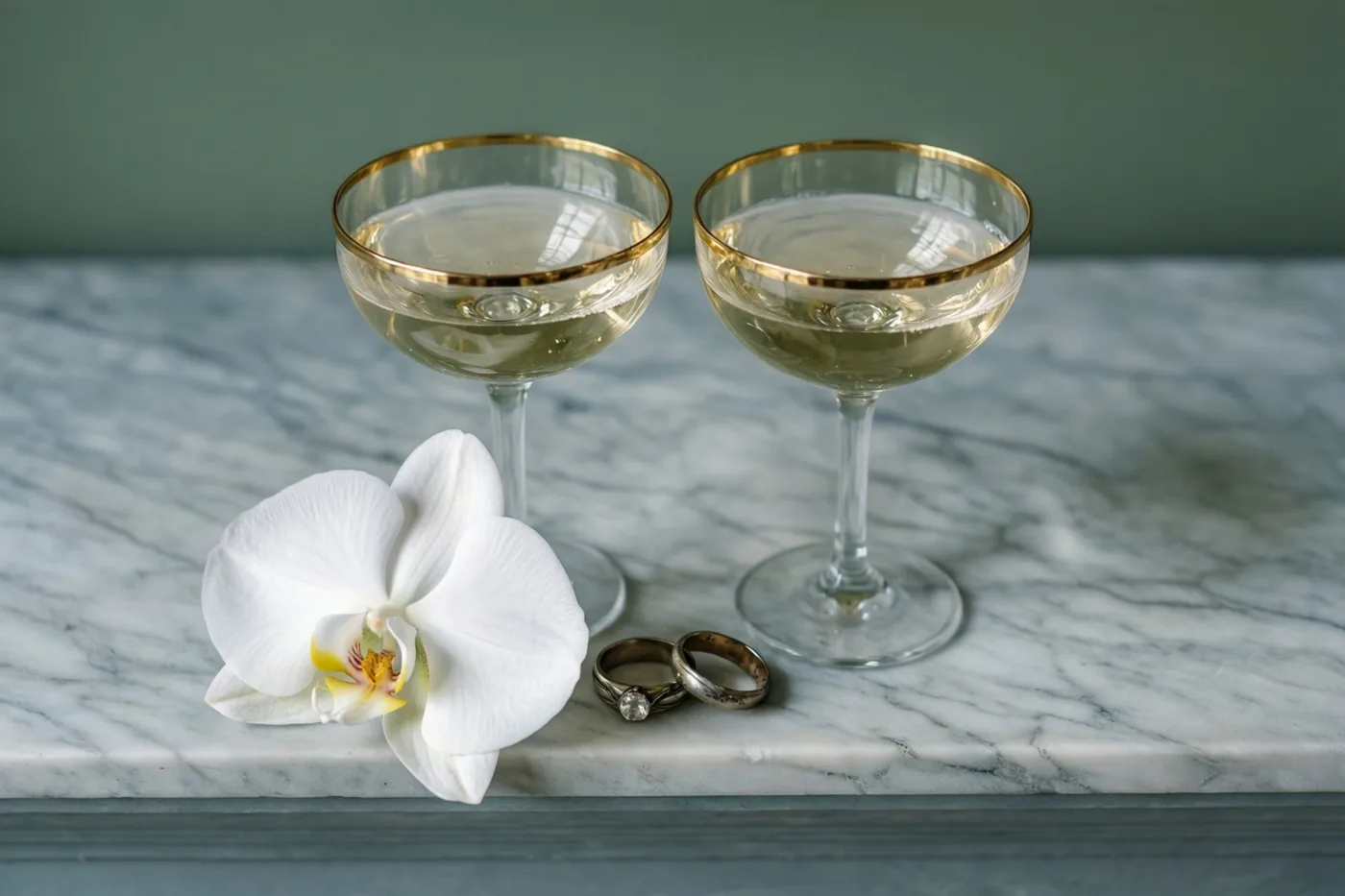 Twee coupes met gouden rand en mousserende wijn staan naast een witte orchidee en twee vintage trouwringen op een marmeren schouw tegen een gedempt groene muur.
