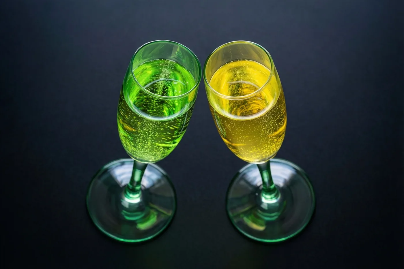 Twee champagnecoupes staan naast elkaar tegen een donkere achtergrond, links met een groene en rechts met een gele bruisende vloeistof met zichtbare belletjes.