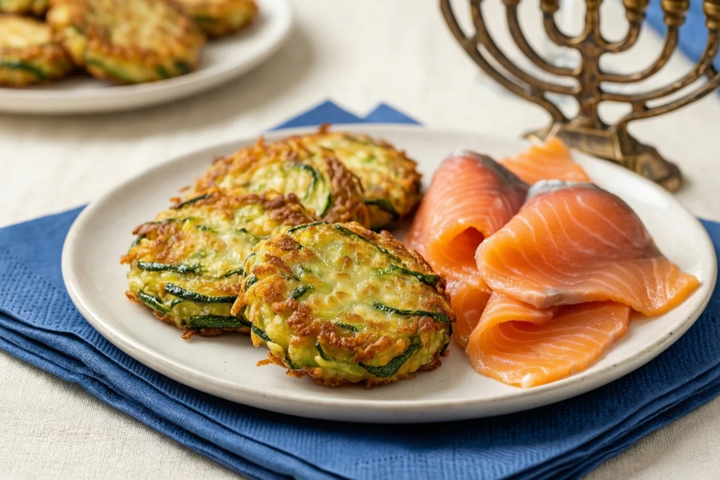Een bord goudbruine courgettekoekjes en plakjes gerookte zalm staat op een blauw servet, met een messing kandelaar op de achtergrond.