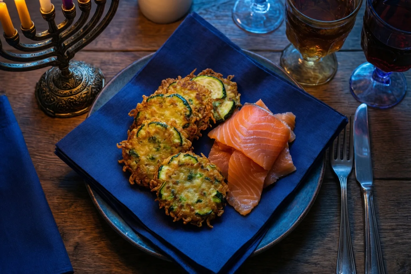 Een bord goudbruine courgettekoekjes en plakjes gerookte zalm staat op een blauw servet op een houten tafel, met een brandende kandelaar en glazen drank erbij.