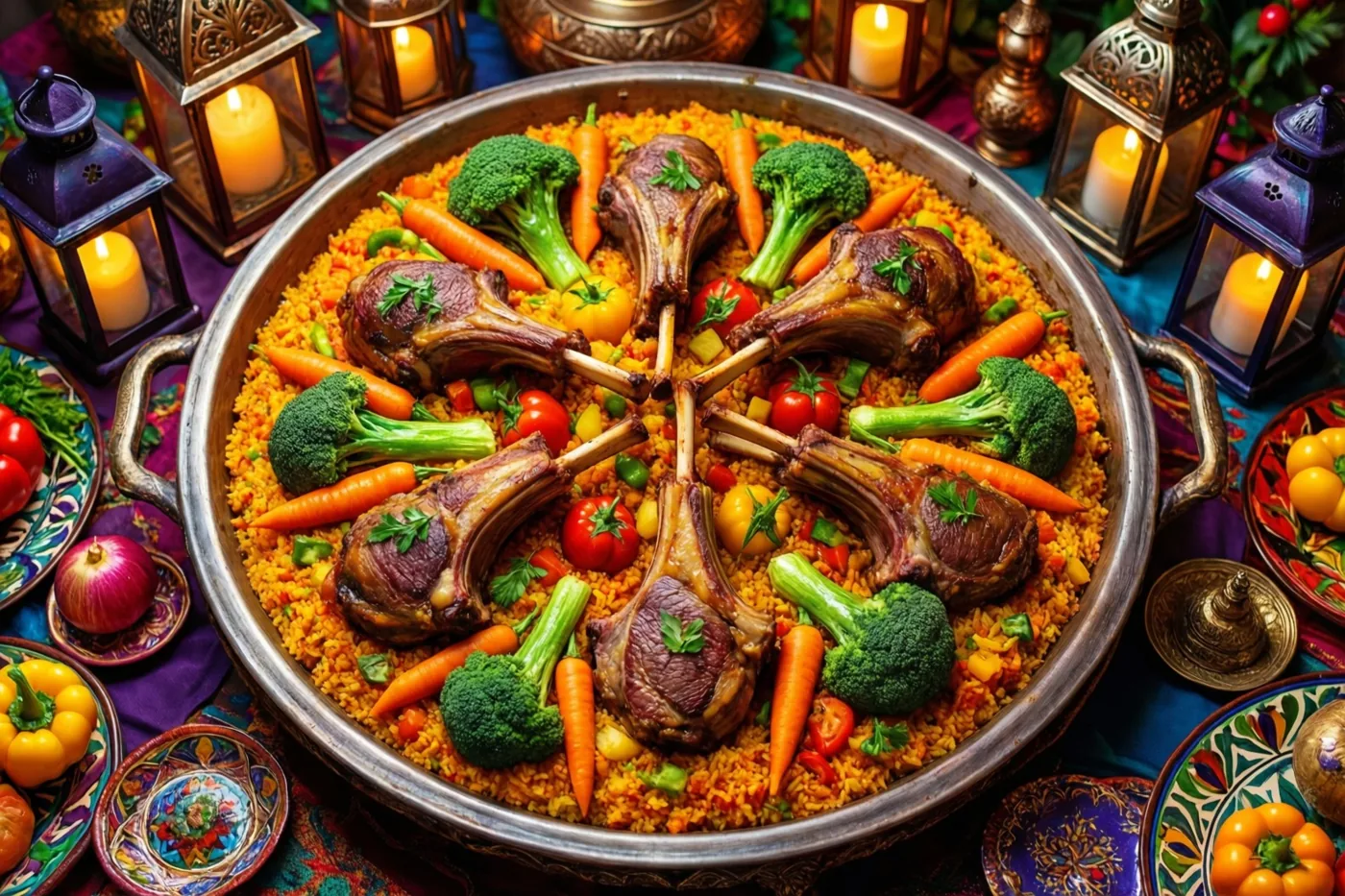Een grote metalen schaal met couscous, geroosterde lamskoteletjes, broccoli, wortelen en tomaten staat op een feesttafel met brandende lantaarns en kleurrijke borden.