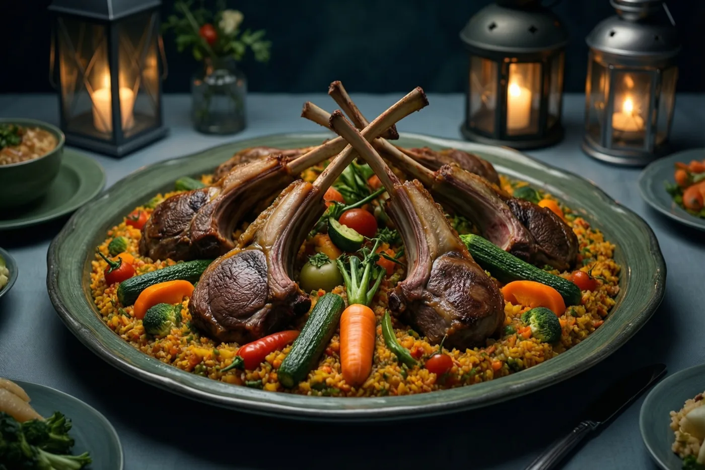 Een grote schaal couscous met lamsvlees en zeven groenten staat centraal op een feesttafel, verlicht door kaarslantaarns in warme groene, oranje en bruine tinten.