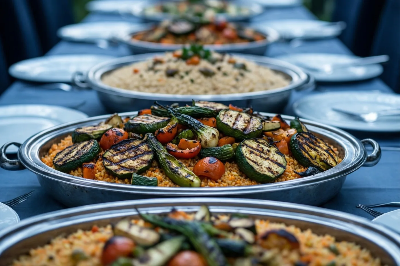 Op een lange tafel buiten staan metalen schalen met gegrilde groenten en couscous, naast witte borden op een blauw tafelkleed.