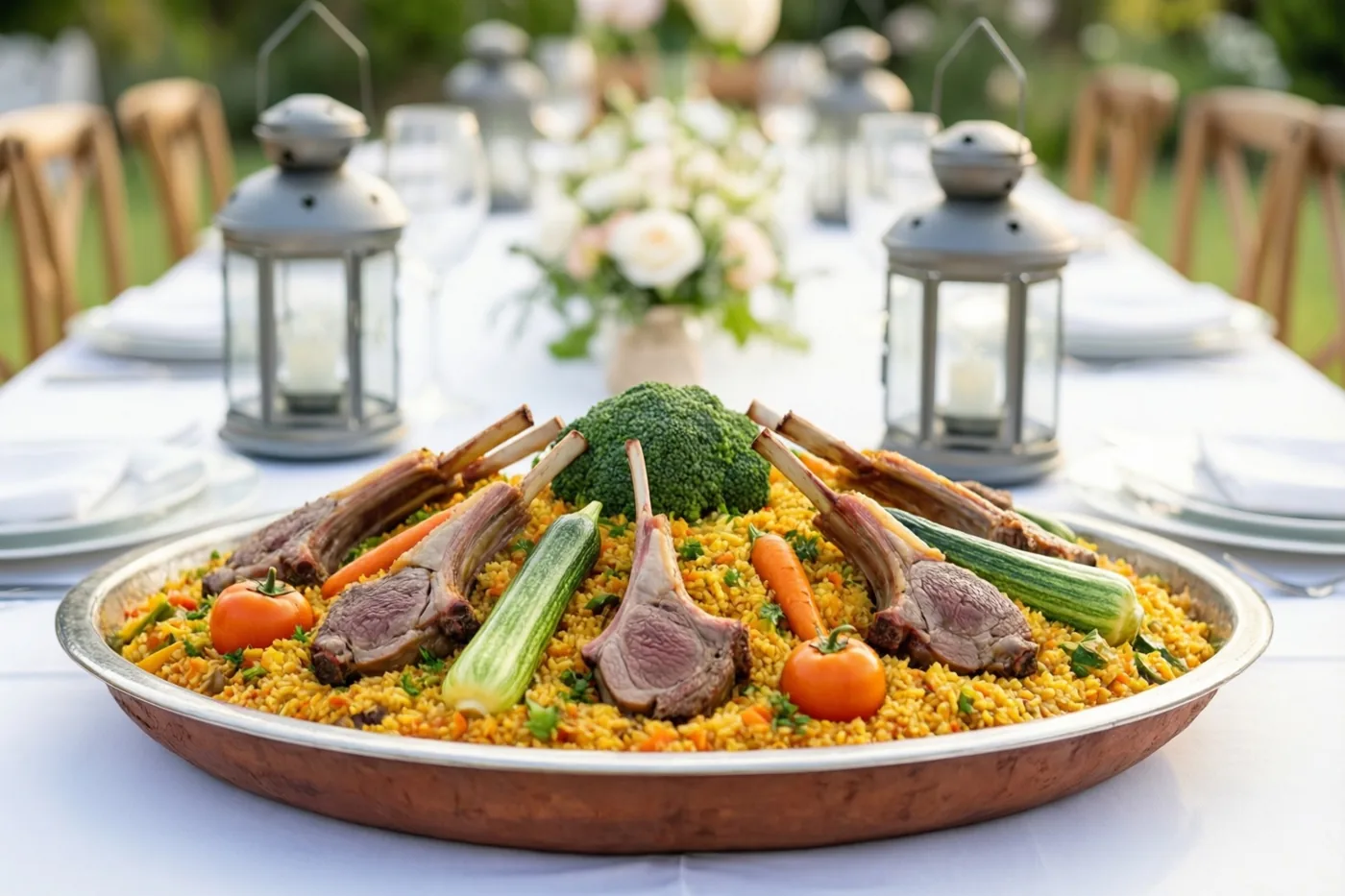 Een grote schaal couscous met lamsvlees en groenten staat op een feestelijk gedekte buitentafel met witte tafelkleden, bloemstukken en lantaarns.
