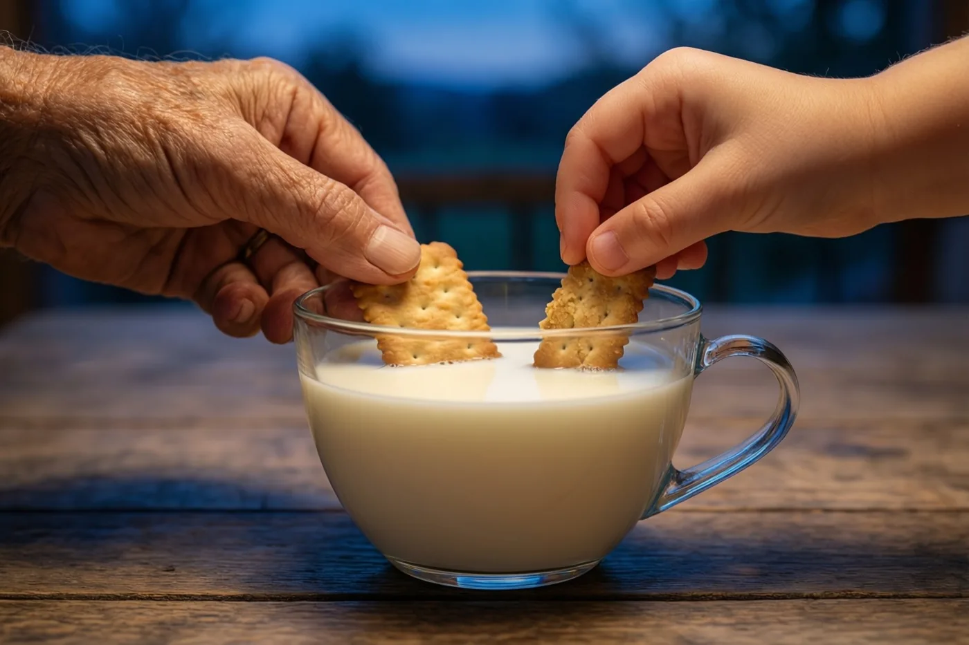 Een oudere hand en een kinderhand doppen zoute crackers in één glazen mok melk op een rustieke houten tafel, tegen een zachtblauwe achtergrond.