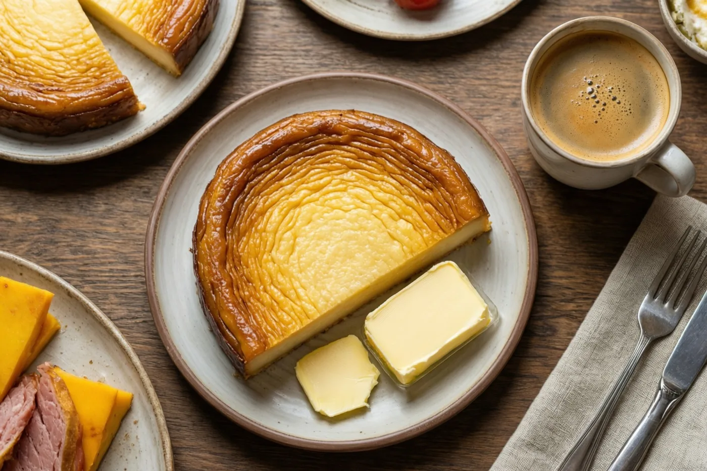 Dikke plakken crème brûlée met boter liggen op een keramisch bord naast een kop koffie op een houten tafel in warme bruin- en geeltinten.