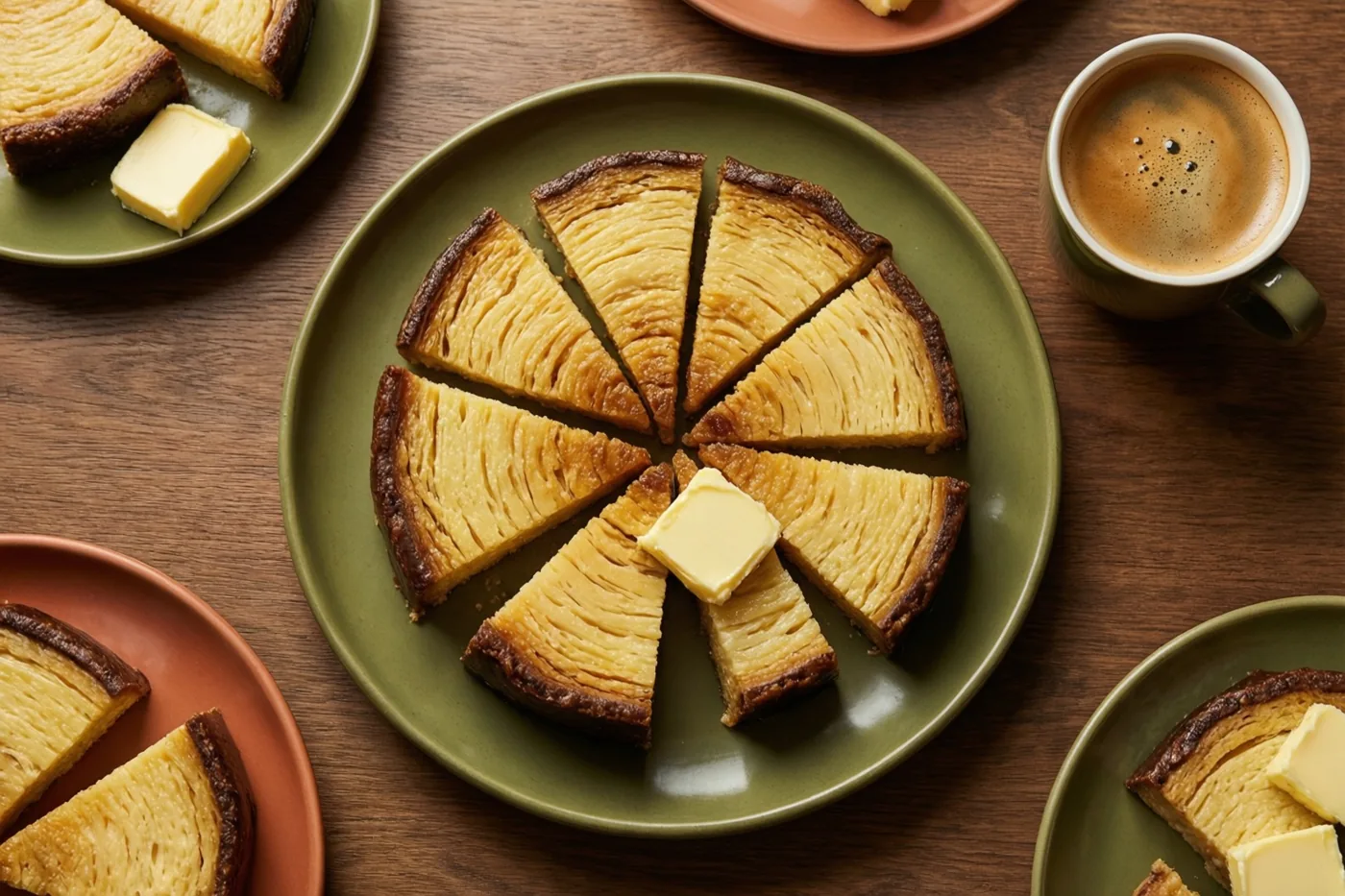 Plakken crème brûlée met klontjes boter liggen op groene en terracottakleurige borden naast een kop koffie op een houten tafel.