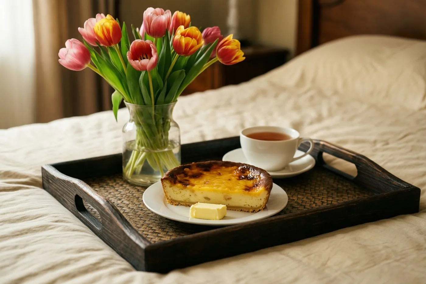 Een houten dienblad op een bed draagt een stuk crème brûlée met boter, een kop thee en een vaas met kleurrijke tulpen in een zacht verlichte slaapkamer.