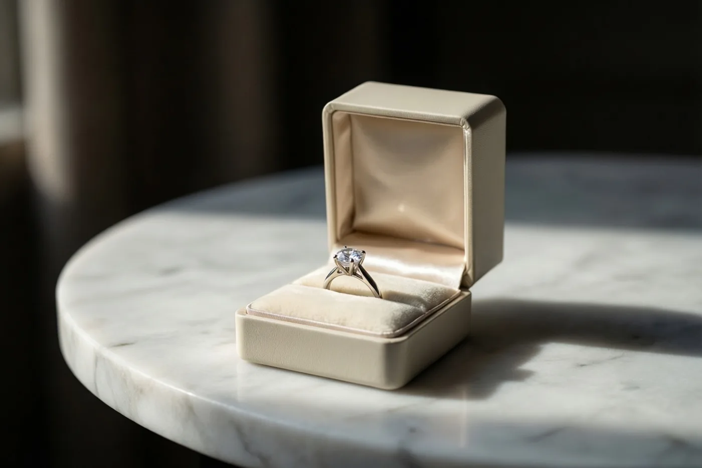 Een open crèmekleurig ringdoosje met een ring met één diamant staat op een witte marmeren tafel in zacht natuurlijk licht.